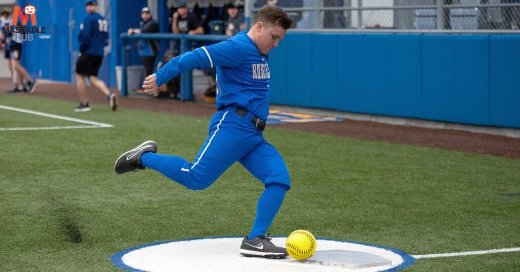 A man in blue kicks a ball on a field, showcasing the spirit of a funny kickball team in action.
