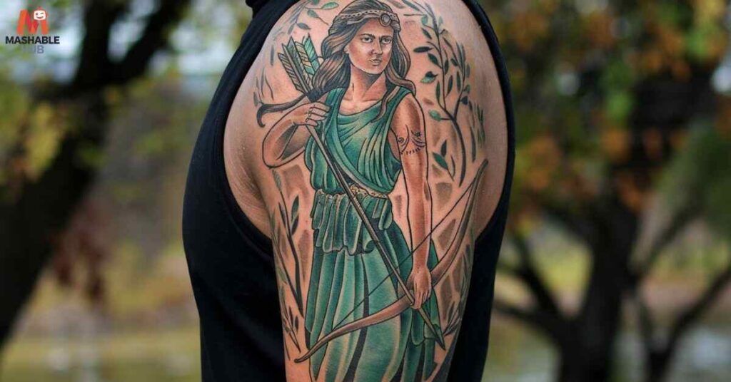 An Artemis tattoo represents independence, nature, and the hunt. Goddess Artemis is the twin sister of Apollo, and she never married. 