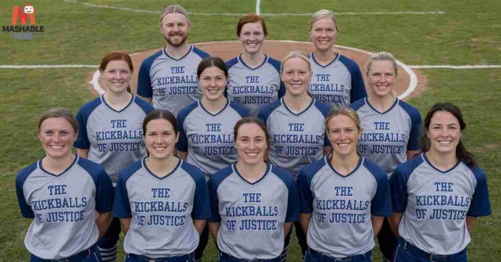 The women's softball team smiles together for a photo, embodying the fun and teamwork of a funny kickball team.

