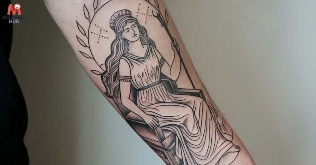 Hestia tattoo symbolizes home, warmth, and family. The daughter of Cronos and Rhea, Hestia is known as hearth patroness. 