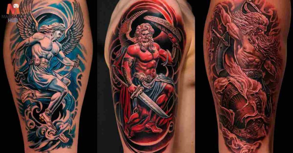 A Hephaestus tattoo celebrates the Greek god tattoos of craftsmanship and his incredible skill as a blacksmith.
