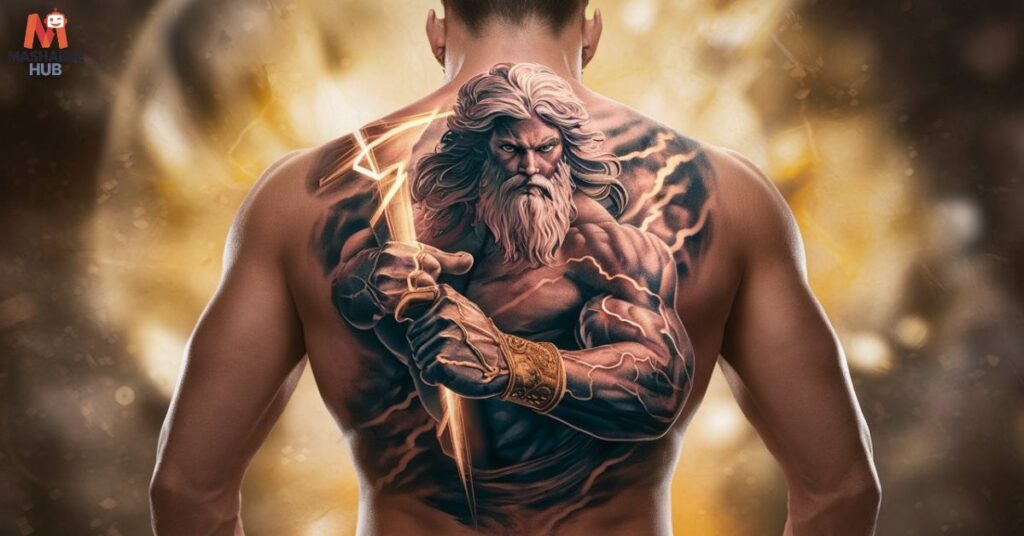 A Zeus tattoo symbolizes the power and authority of the Greek god Zeus, the king of the gods in ancient mythology. 